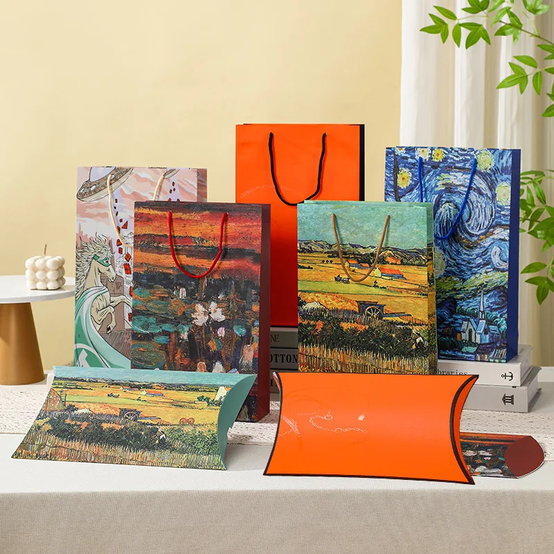 3er-Set Ölgemälde-Stil Verpackungstasche mit Kissenförmiger Box Seidenschal-Verpackung Geschenkboxen Handtasche Kreative Geschenkverpackung