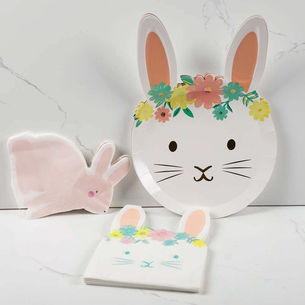 Cute Bunny Rabbit Gilding Disposable Paper Plates Napkins Tableware for Baby Shower Birthday Happy Easter Party Decoration