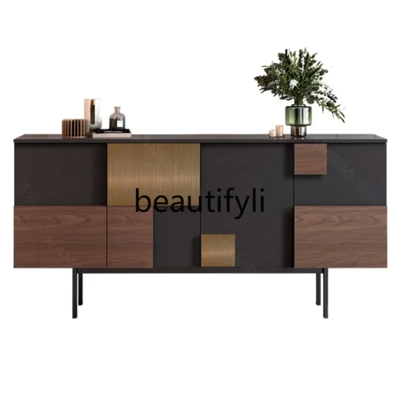 

G Italian light luxury dining side cabinet meal preparation locker designer black walnut solid wood living room entrance cabinet