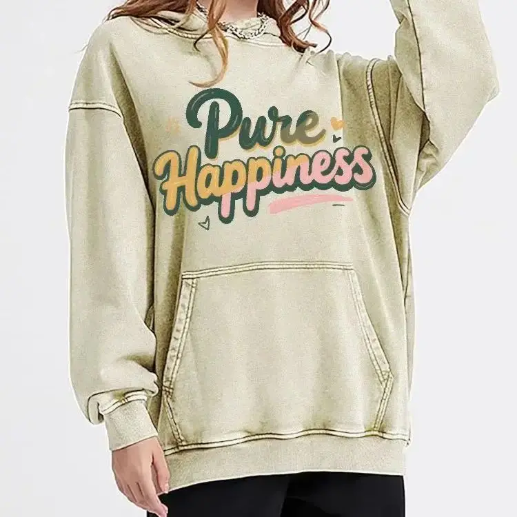 Pure Hppiness Casual Washed Hoodie Casual Sweatshirt Graphic Fashionable Cotton Comfortable Soft Breathable Cartoon Letter