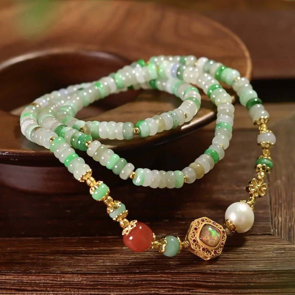 Natural A‑Grade Tri‑Color Jade Double‑Loop Bracelet,Freshwater Pearl South Red Agate,S925 Gold‑Plated Vintage Bangle Women Gift