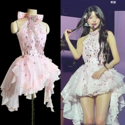 Korean Singer Stage Performance Shiny Diamond Pink Dress Kpop Women Jazz Dance Costumes Birthday Party Dresses Princess Clothing