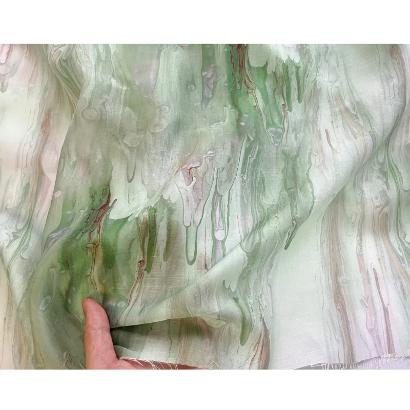 Green Wave Reflection Direct Spray Ink Painting Style Irregular Tie Dyeing Chiffon Sewing Dress Clothing Designer Fabric