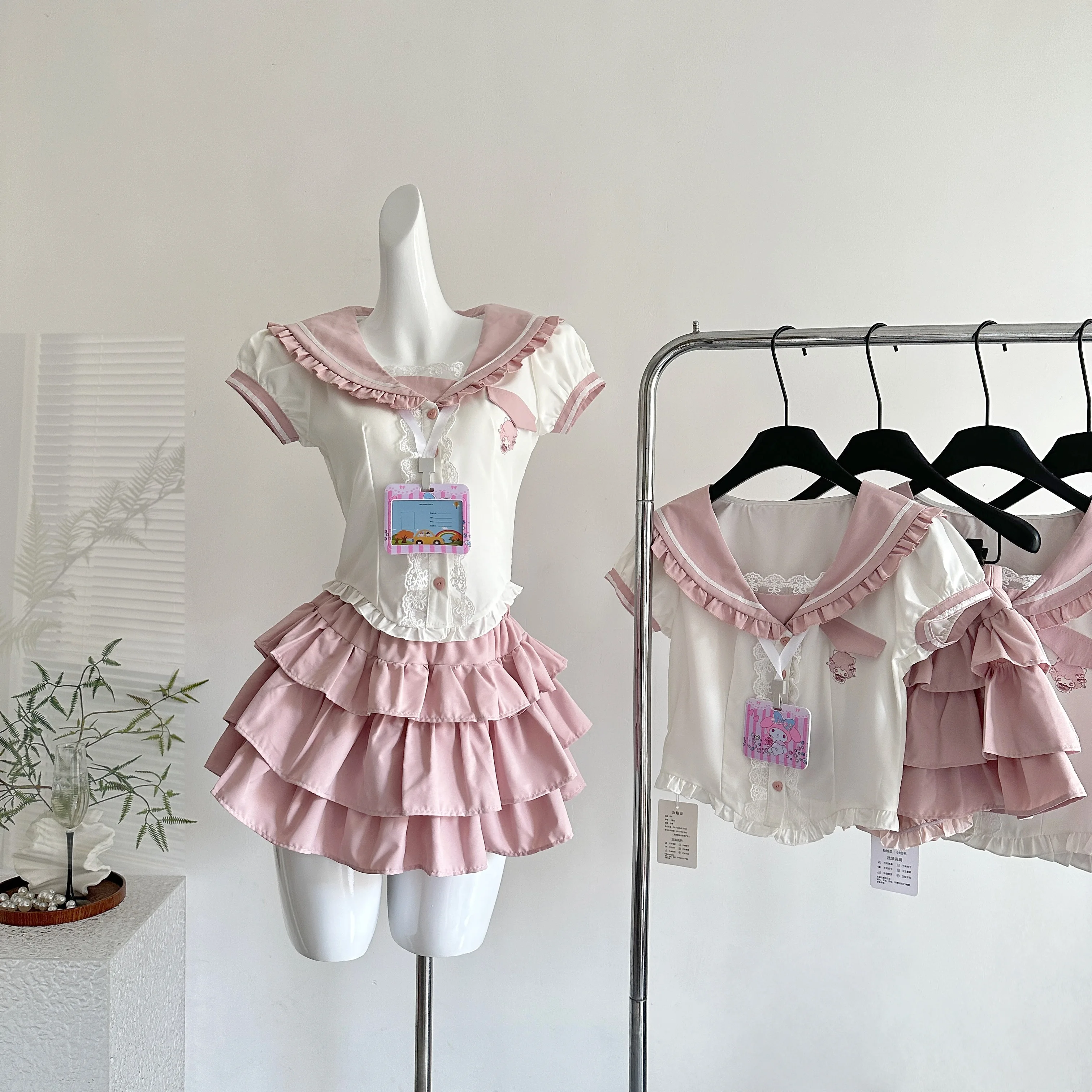

Japanese Kawaii Lolita Style Skirt Set Women Sweet Sailor Collar Blouses Mini Pleated Skirts Suit Preppy Style Harajuku Uniform