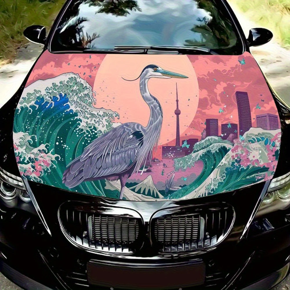 

City - Faced Heron Oceanic Scene Car Hood Vinyl Wraps, Car Engine Decal Sticker, Waterproof Self-adhesive Car Vinyl Wraps, Surfa