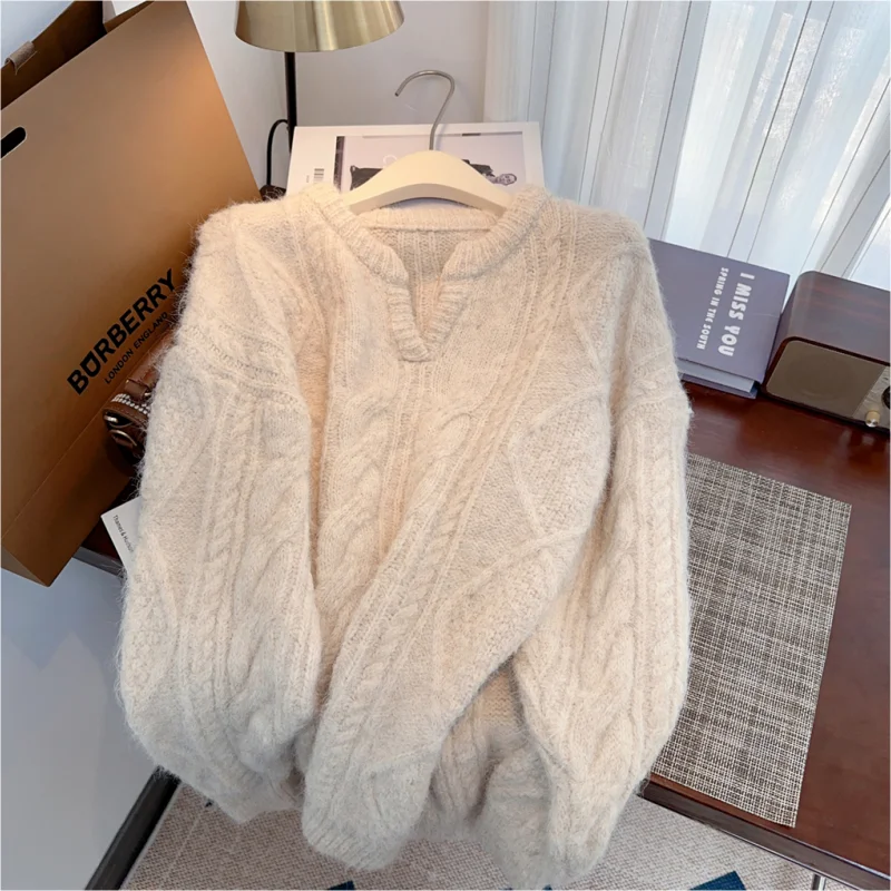 V-neck Beige Cashmere Jacket Women's Clothing Pink Knitting Sweater Long Sleeves Cashmere Pullover Vintage Fashion Autumn Tops