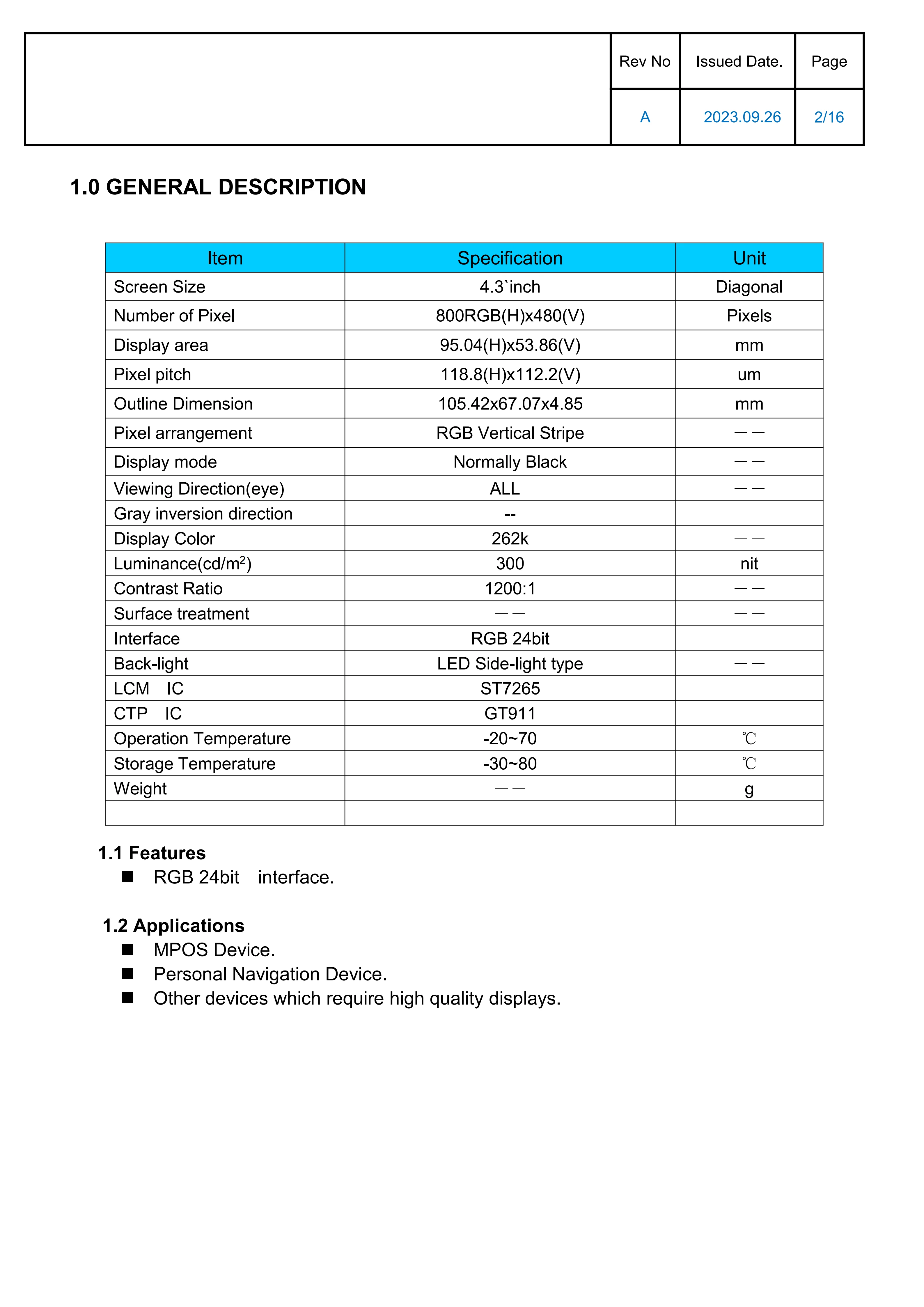 4,3-Zoll-kapazitiver Touchscreen TN-Bildschirm TFT-Farb-LCD-Display RGB 24-Bit-Schnittstelle 800 x 480 ST7265 Treiber-IC – Detail 2