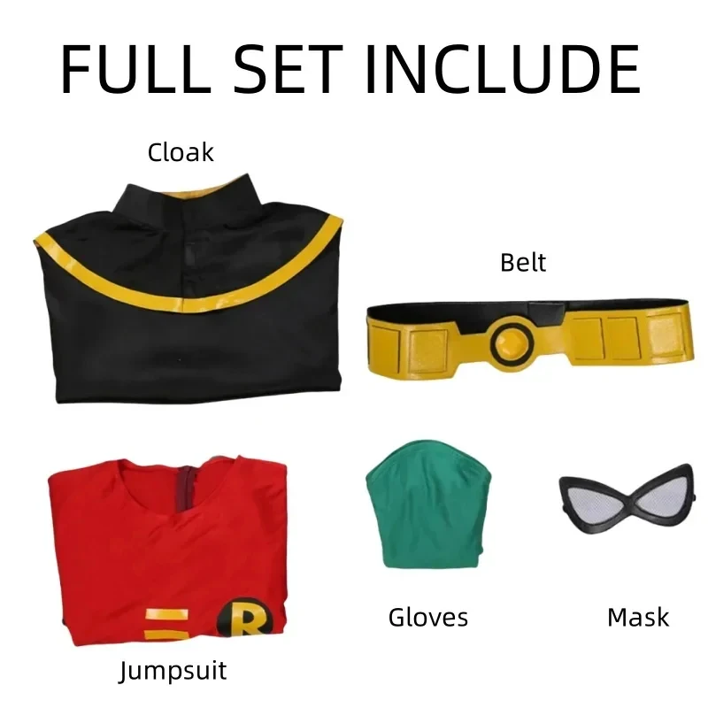 Combinaison, cape et gants de Robin des Teen Titans pour adultes unisexes, costume de cosplay pour fête d'Halloween, uniforme de performance CanCos
