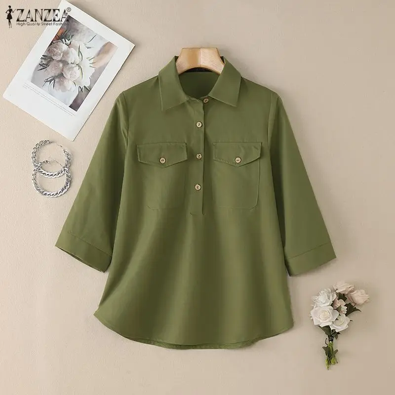 ZANZEA Mode Frauen Hemd Herbst Büro Arbeit Bluse Vintage Revers Hals 3/4 Hülse Tops Frühling Casual Solide Tasten Busas Tunika