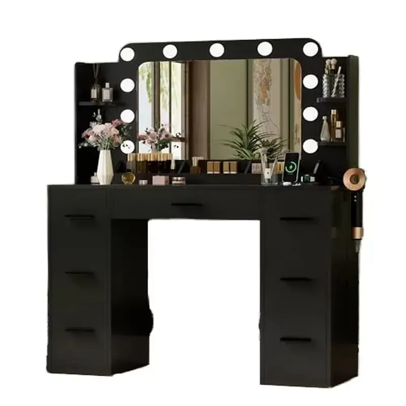 Modern Minimalist Integrated Lighted Vanity with Mirror and Storage Drawers for Bedroom Corners