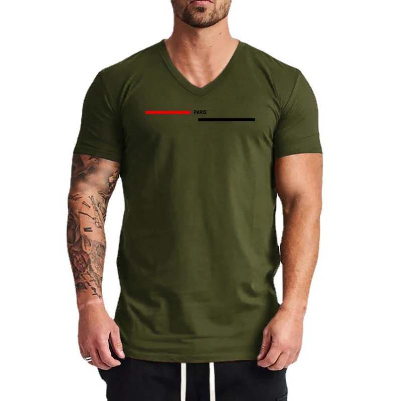 Paris New Fashion V-Ausschnitt Kurzarm T-Shirt für Männer Sommer Baumwolle Slim Fit Casual Sport T-Shirt Herren Fitness Fitness Kleidung