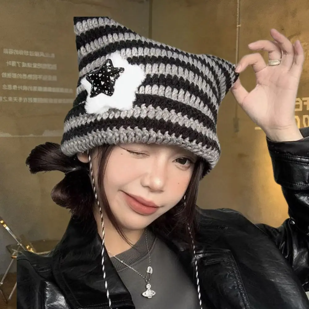 

Y2K Beanie Hat Streetwear Harajuku Little Devil Striped Knitted Hat Women Christmas Gift Hip-hop Cap Cute Cat Ears Pullover Hats