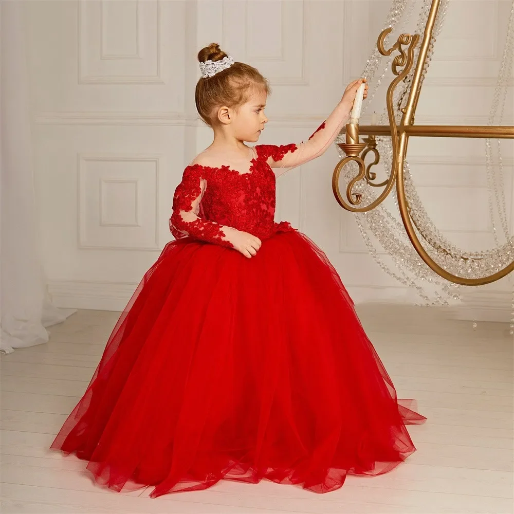 New Red Fluffy round neck with Long Sleeves Flower Girls Dresses Beautiful Bridesmaid Birthday Backless Lace Bow Appliques