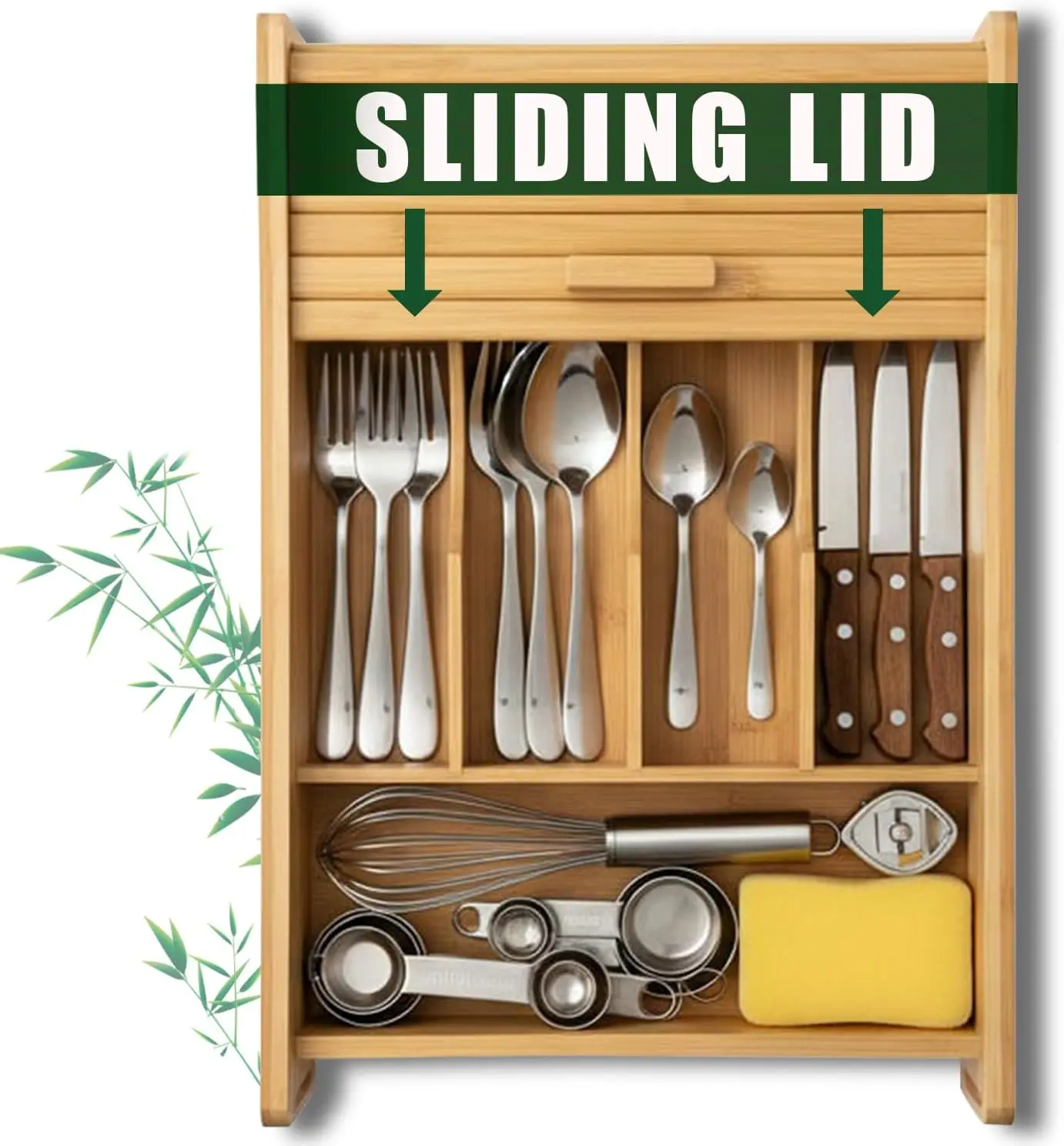 

Bamboo Drawer Organizer with Sliding Lid - 5 Slot Kitchen Drawer Organizer & Utensil Holder - Wood