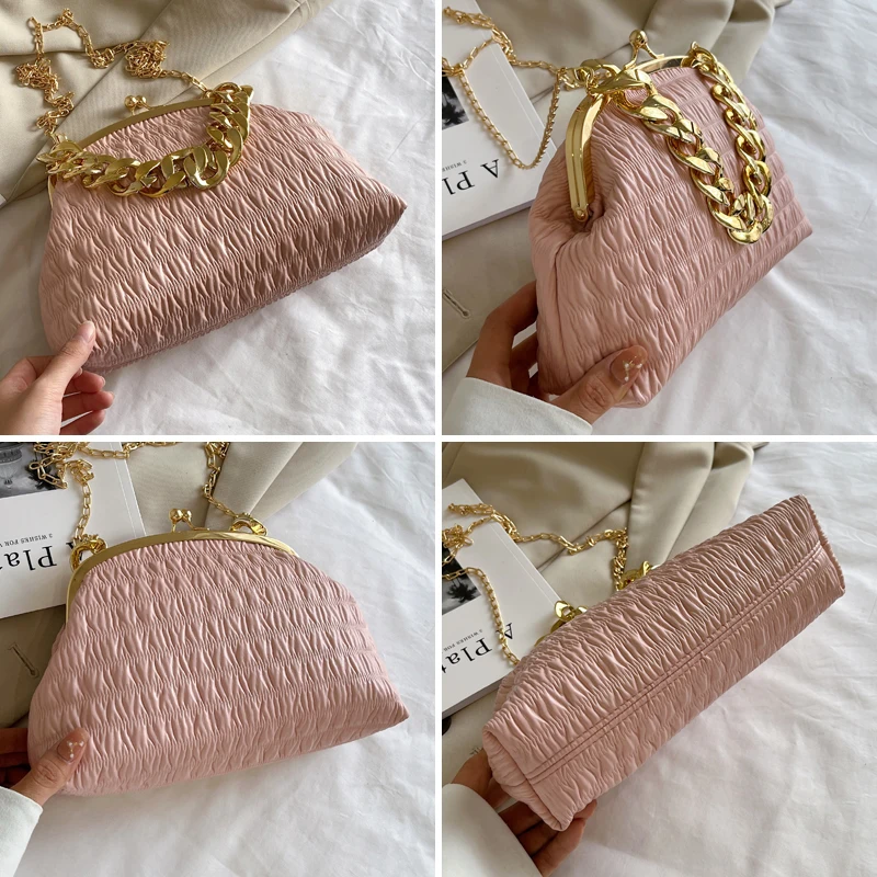 Gold chunky necklace women\'s bag Pleated Gold metal frame clip bags for women small Shoulder messenger Bag fashion lady handbag