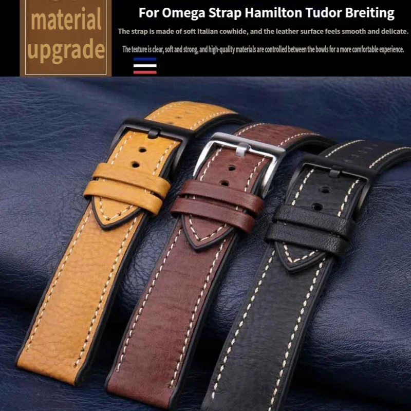 

For Omega Hamilton Tissot Tag heuer man Italy Genuine leather skin Soft waterproof rubber watchband accessories 19 20 21 22 23mm