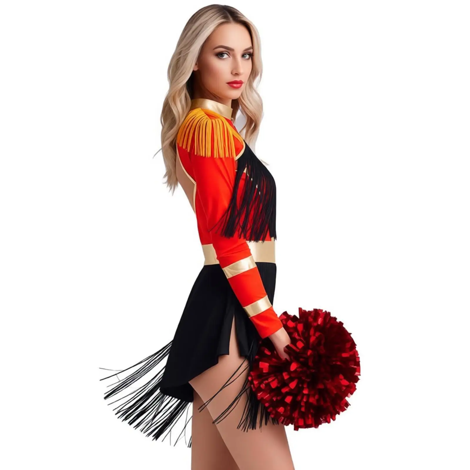 Women Lottery Dealer Ringmaster Performance Uniforms Dress Fringe Shoulder Gold Trim Modern Dance Micro Dress Halloween Carnival