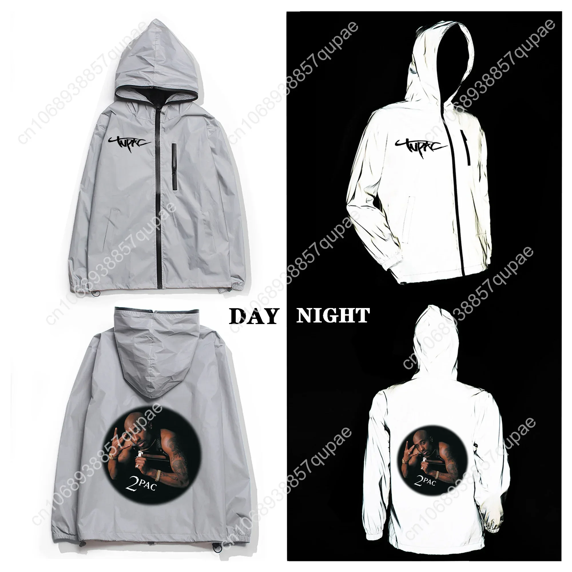 Rapper Tupac 2Pac Hip hop singer Reflective Jacket Mens Womens Coat Hooded Windbreaker Cycling Runing Pocket Jackets Hoodie