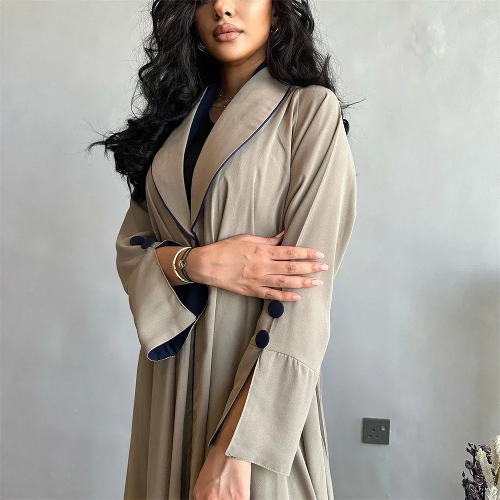 

Elegant Dubai Turkey Abaya Kimono Cardigan Women Muslim Maxi Dress Marocain Lapel Collar Femme Jalabiya Robe Kaftan Trench Coat