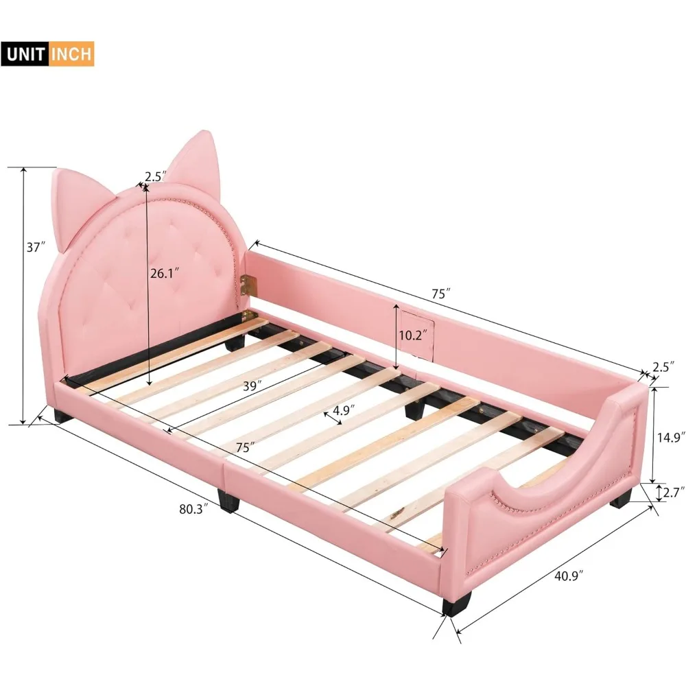 Twin Size Wood Platform Bed Frame with House-Shaped Headboard for Boys Girls Kids Toddler (Pink)