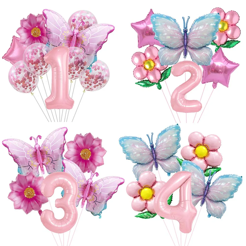 Rosa Schmetterlings-Ballon-Set zum 1. Geburtstag, Dekoration für Mädchen, Schmetterlings-Thema, Geburtstagsparty-Zubehör, Babyparty, Hochzeitsdekoration