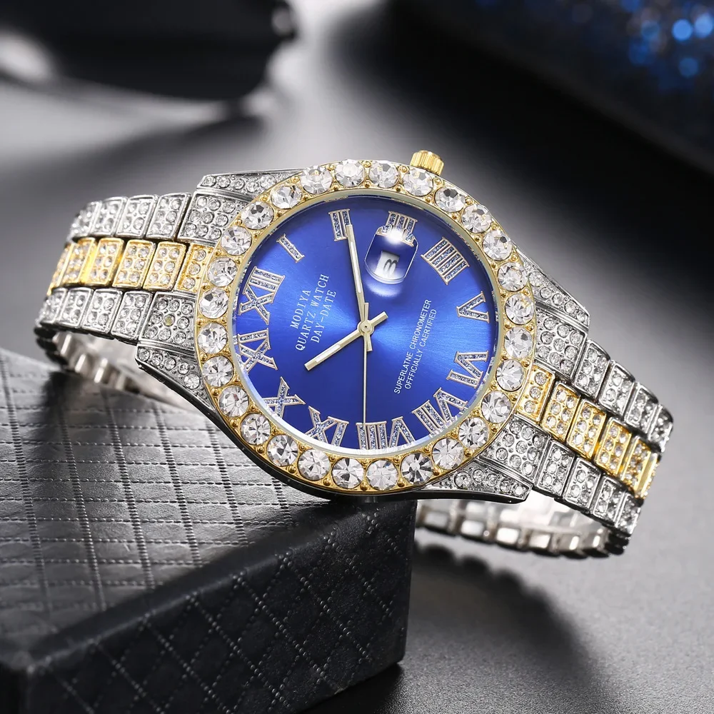New Men Watch Full AAA Rhinestone Around Luxury Quartz Watches Round Clock Wrist Watch Gift for Boyfriend Sparkling Wristwatches