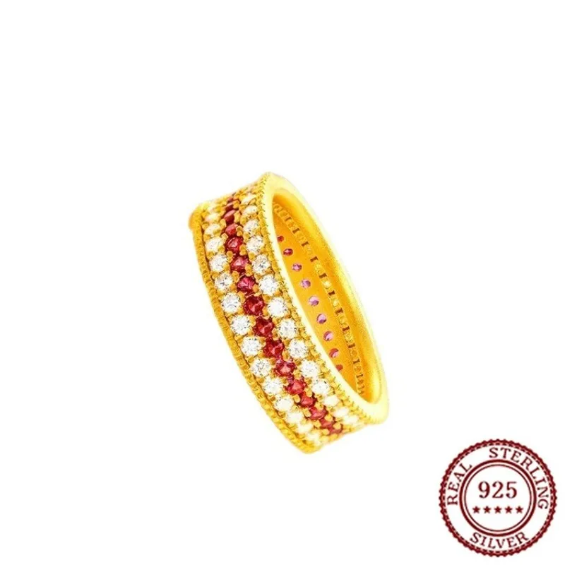 

S925 Pure Silver European and American Style Pink Stone Women's Wheel Ring Set with Stones