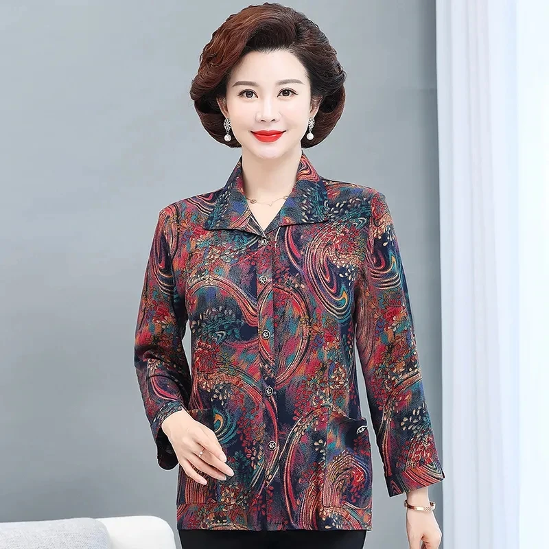 Mom\'s Costume Large Size Nine Points Sleeve Cardigan Blouse  60 Year Old Grandmother Printing Pocket Cardigan Shirt Tops Coat