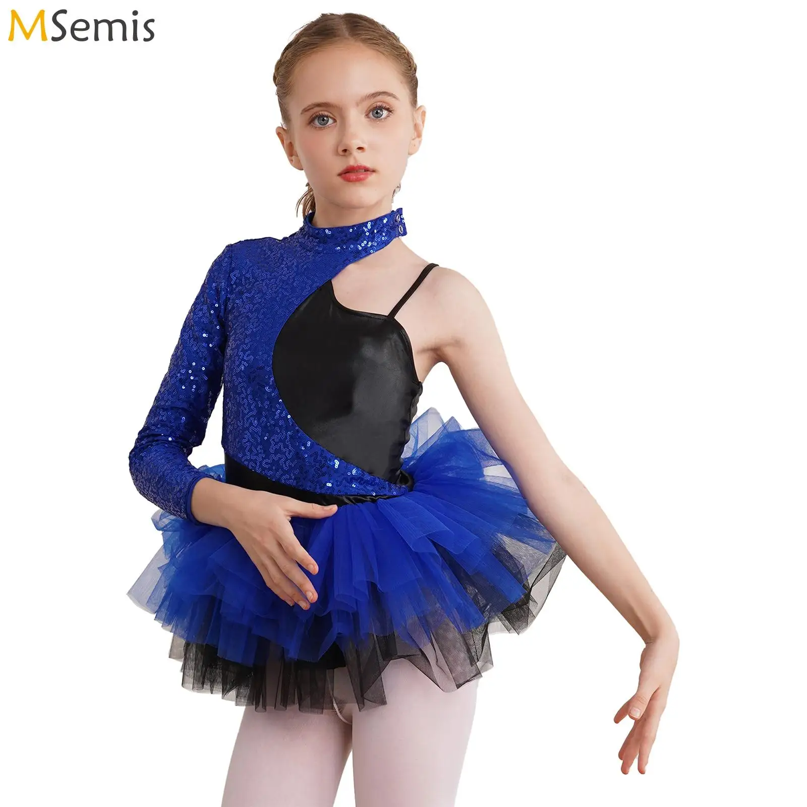 Kids Girls Shiny Sequin Gymnastics Leotard Ballet Dance Leotards Dress Tulle Skirt Leotard Dress Figure Skating Dance Costumes