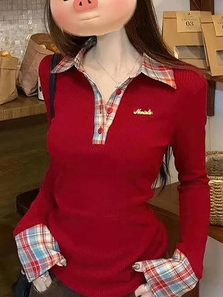 Preppy بولو الرقبة متماسكة منقوشة طويلة الأكمام تي شيرت المرأة كاذبة 2 قطعة الأساسية الأعلى الخامس الرقبة زر البلوزات تيز 2025 جديد