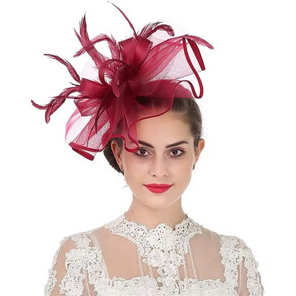 Elegant Fascinator Hat with Hair Clip Decorative Feather Bowknot Mesh Decor Hat Hair Accessory Wedding Bridal Cocktail Headwear