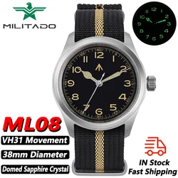 Militado ML08 Quartz Watch VH31 Movement Double Domed Sapphire Crystal Wristwatch Super C3 Green Luminous 38mm  Vintage Watches