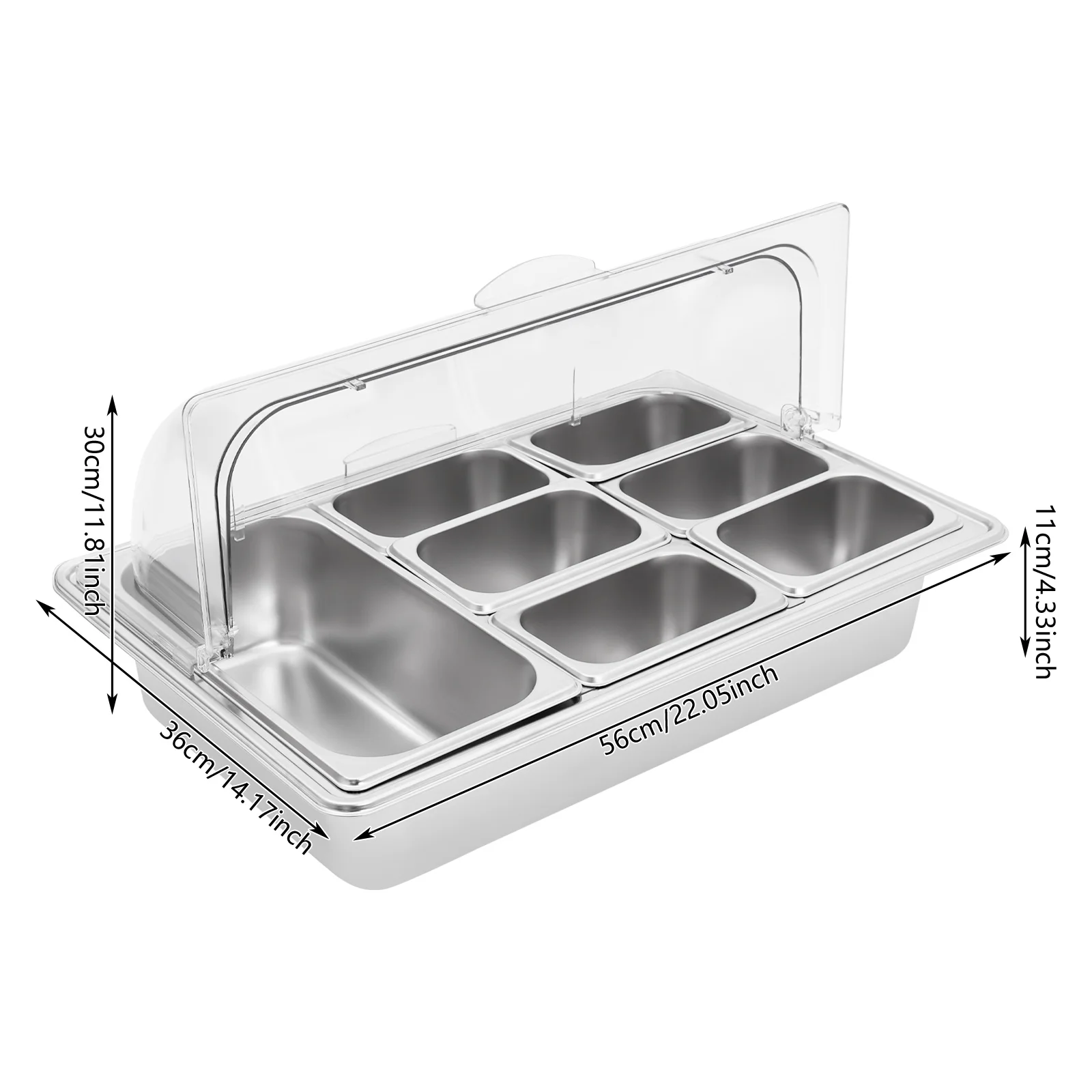 

7 Pans Countertop Ice Food Serving Display Container, Stainless Steel Buffet Food Serving Tray with Clear Roll Top Cover