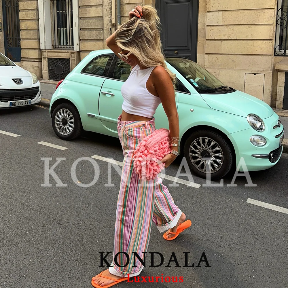 KONDALA Streetwear Damen Regenbogen-Streifen-Hose Damen Weite Bein-Hose mit Taschen Denim Damen Hose Mode 2026 Herbst Y2K Mädchen Partyhose – Detail 3