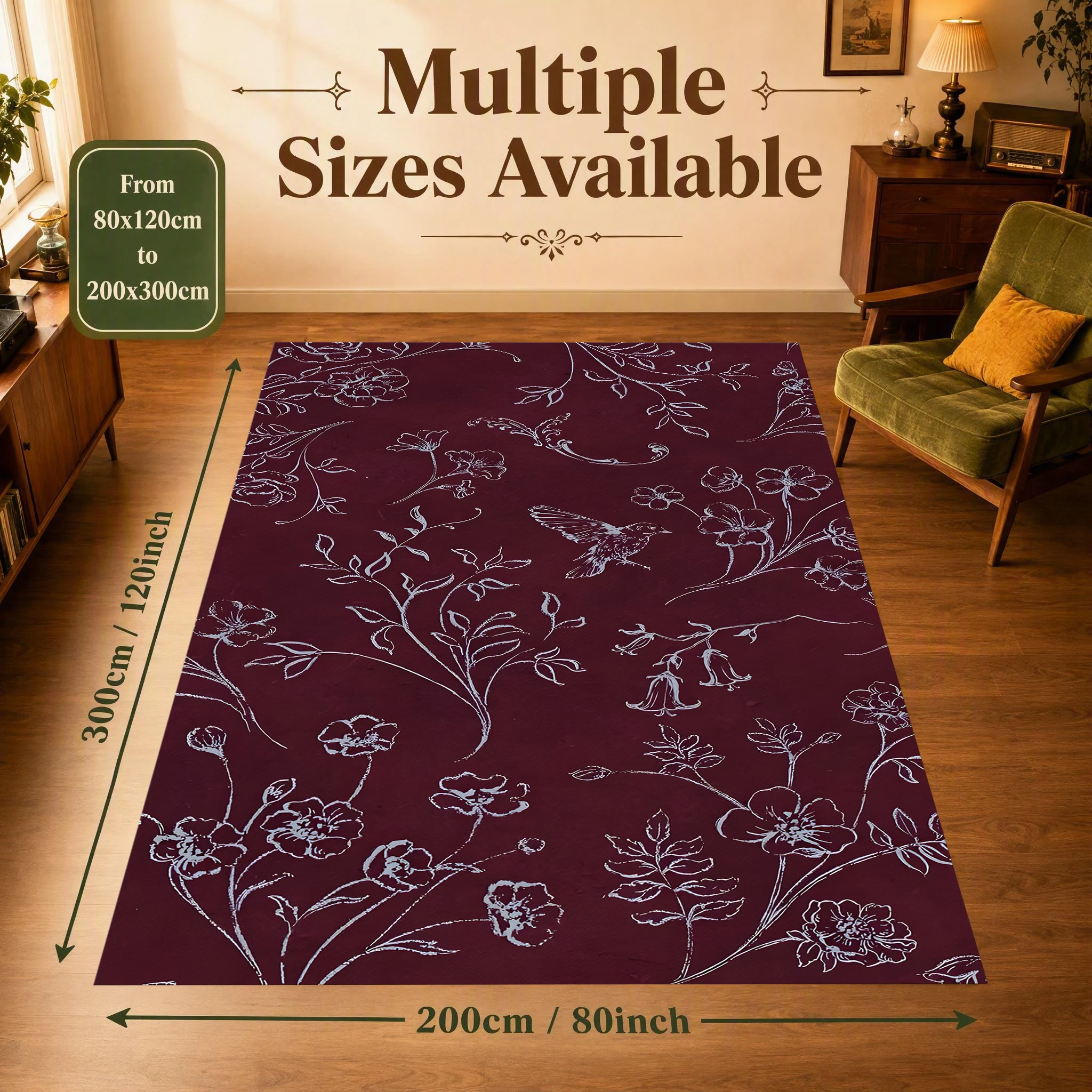 2D Carpet with Wine Red Silver Line Butterfly Branch Floral Pattern in Retro Light Luxury Style for Living Room and Bedroom