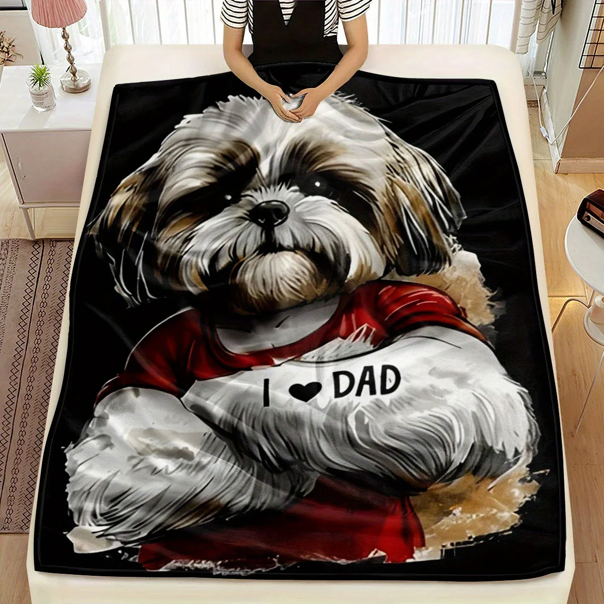 Red shirt with Teddy dog pattern Flannel printed blanket suitable for all seasons suitable for living room office sofa travel