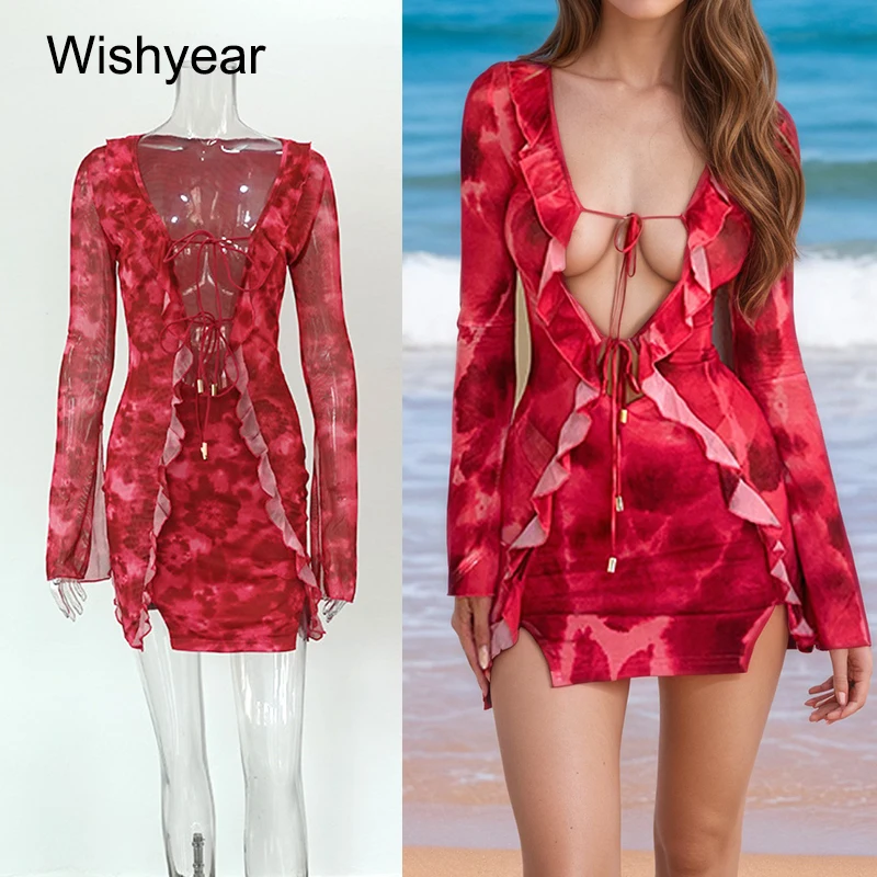 Wishyear Sexy Vacation Beach V-Neck Ruffle Print Mini Dress Women Lace Up Long Sleeve Night Club Hot Girls Birthday Bodycon Robe
