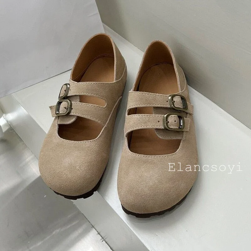 Spring Autumn Round Toe Cow Suede Retro Flat Shoes Women's Thick Bottom Belt Buckle Casual Shoes Daily Walking Single Shoes