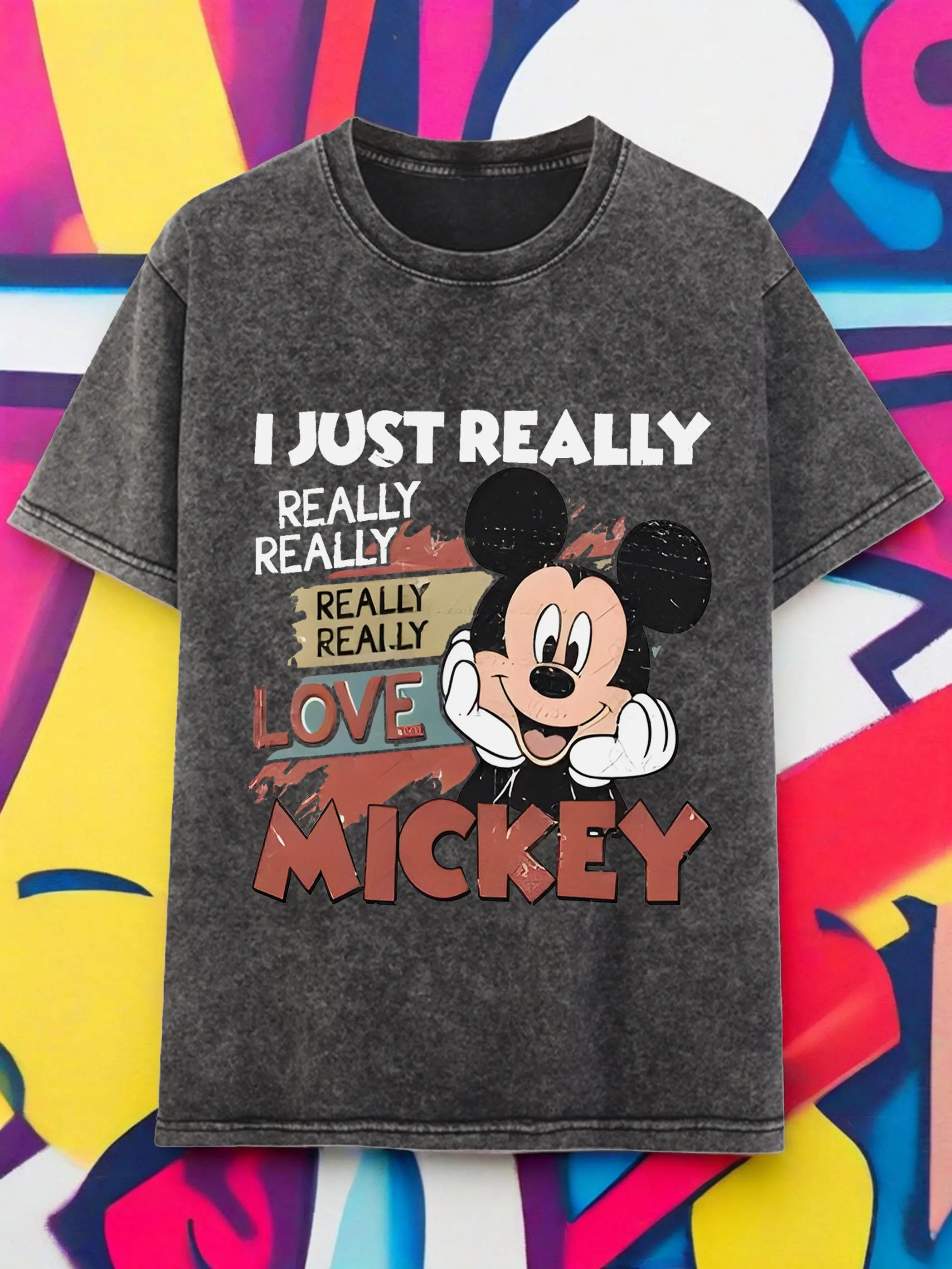 

Мужская потертая футболка в стиле ретро с рисунком «I Really Like Mickey» Disney Hands on Cheeks Mickey и топ из чистого хлопка