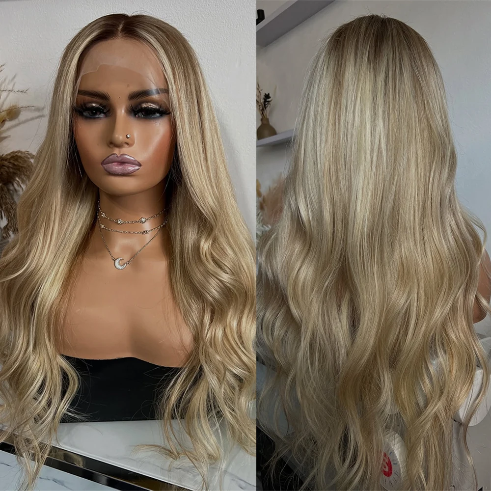 

High Quality Fibre Golden Blonde Balayage Synthetic Lace Front Wig Melt Roots Preplucked 26 Inch Long Wavy Realistic Wig Girls