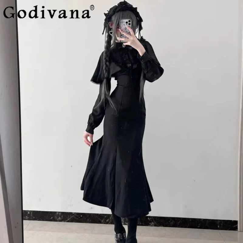

Retro Black Cape Waist Cinching Dress Women Spring Autumn Mermaid Long Dress Female Elegant Lolita Style Bodycon Dress