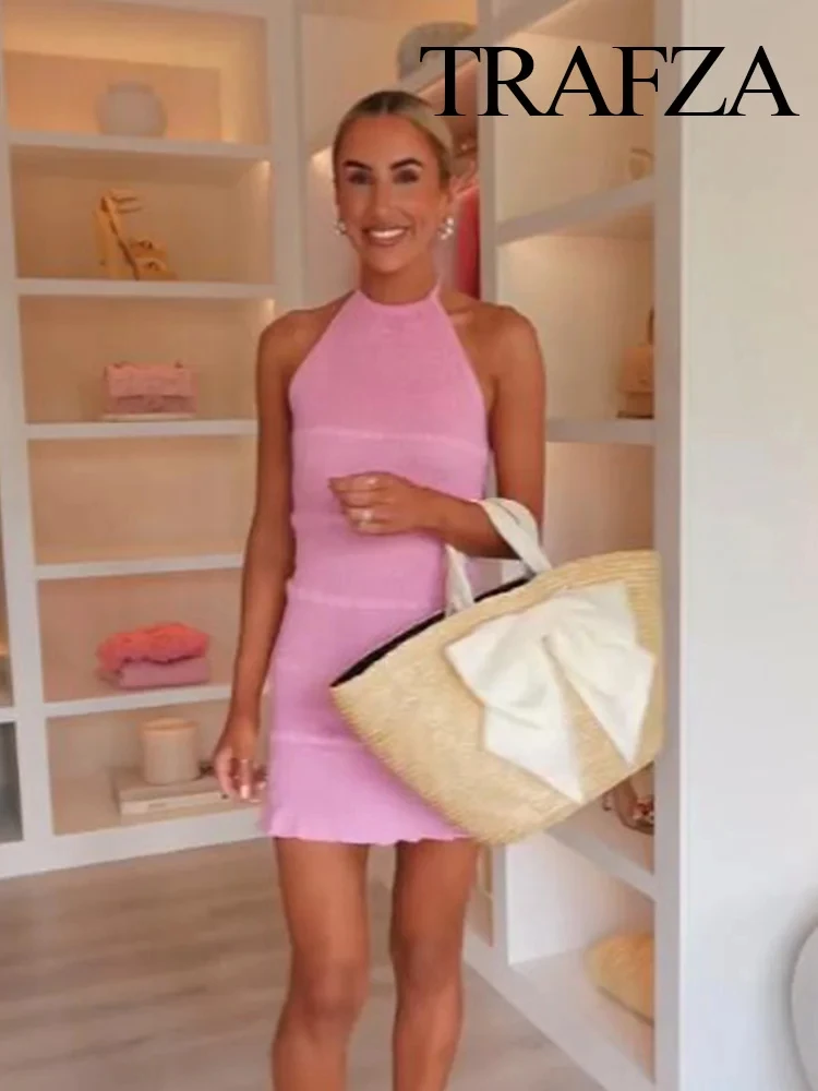

TRAFZA 2025 Women Summer Halter Neck Dress Knitted Lace-up Sleeveless Slim Mini Dresses Female Chic Elegant Woman Sexy Dress
