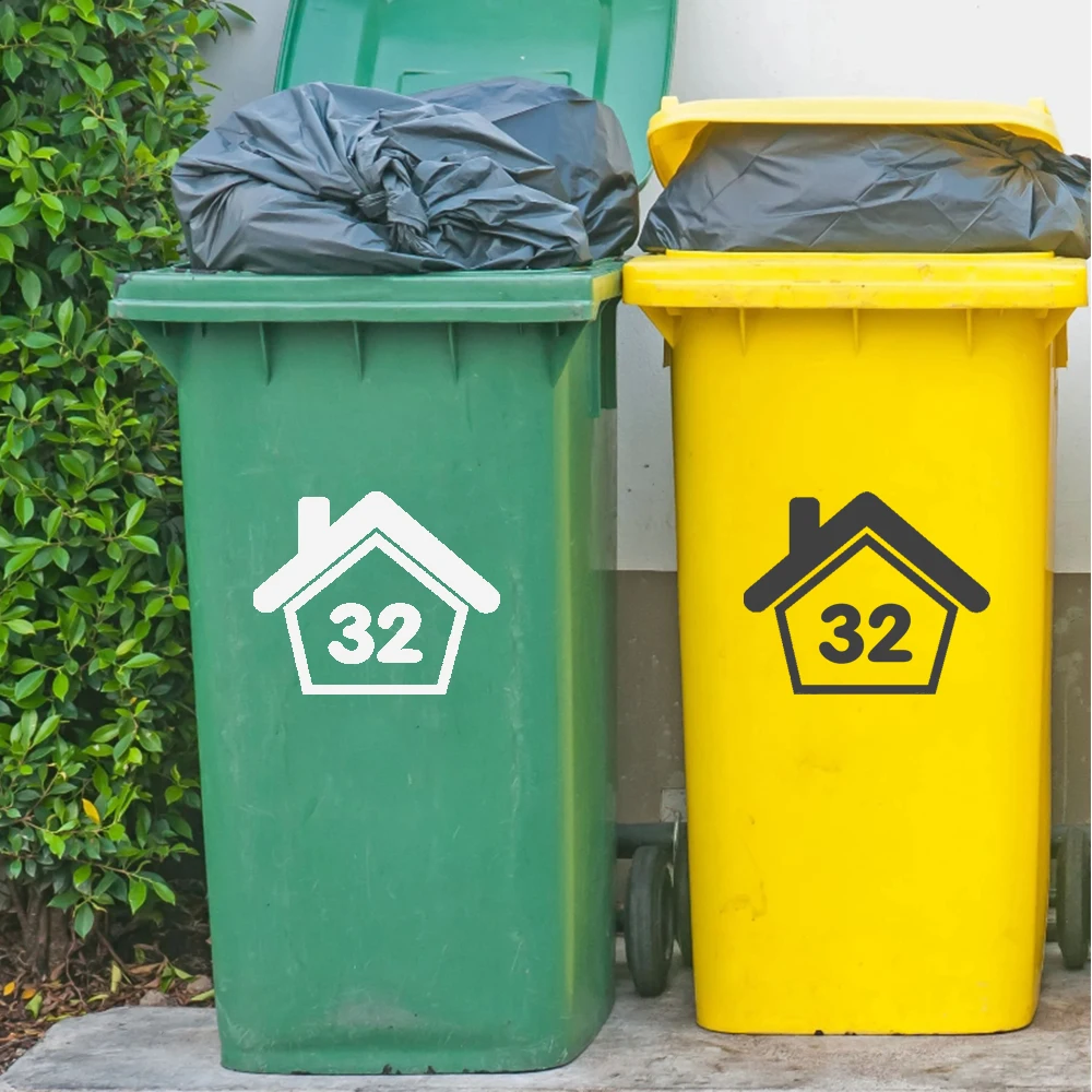 

4Pcs Wheelie Bin Number Custom Stickers Cartoon House Vinyl Stickers DIY Container Removable