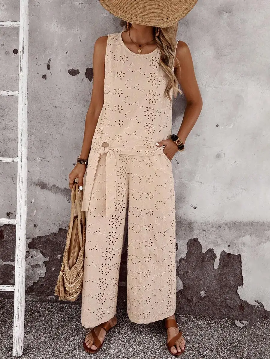 

Boho Women Sleeveless Hollow Out Top And Wide Leg Pants Set Summer Vacation Outfit