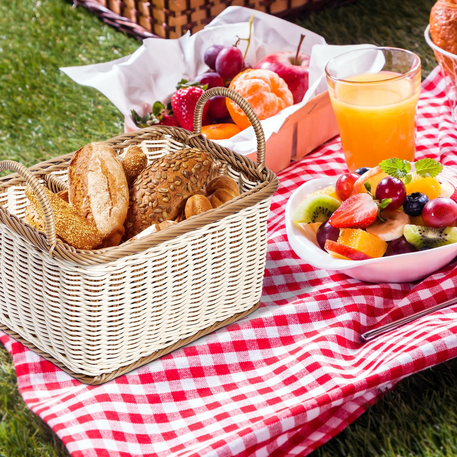 

1Pcs Storage Basket Hand Woven Rattan Like Divided Organizer Basket for Kitchen Picnic Utensil Holder Baskets for Storage and