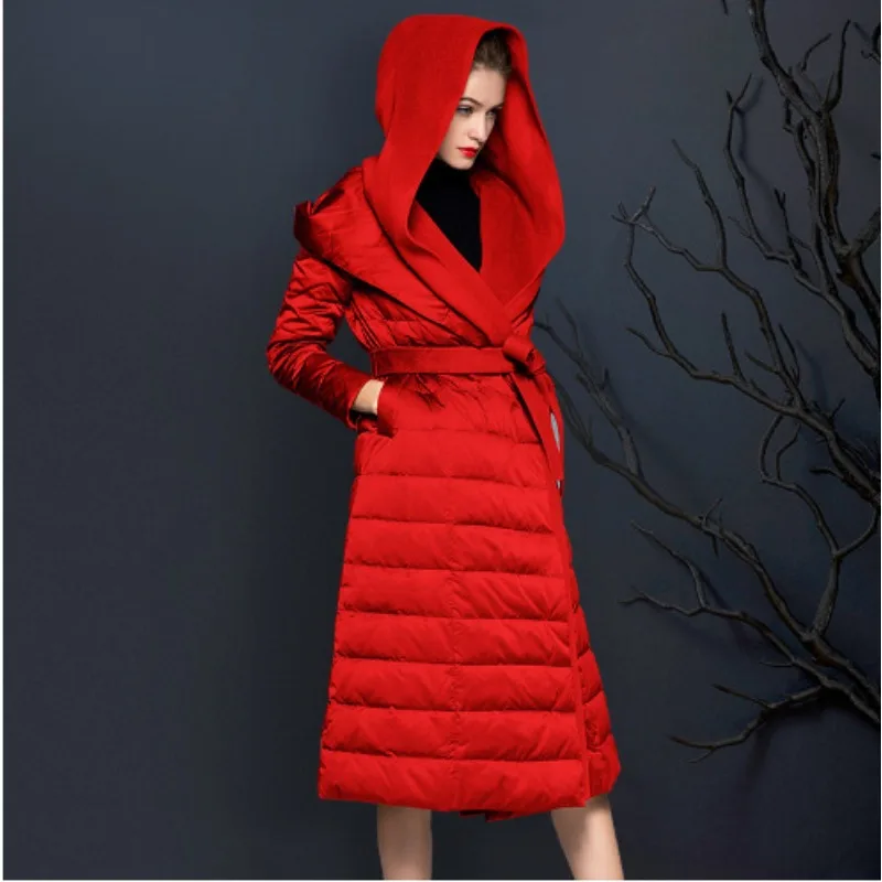 Luxo de alta qualidade acolchoado engrossar quente jaqueta feminina inverno novo cordão meados de comprimento pato branco para baixo jaqueta das mulheres