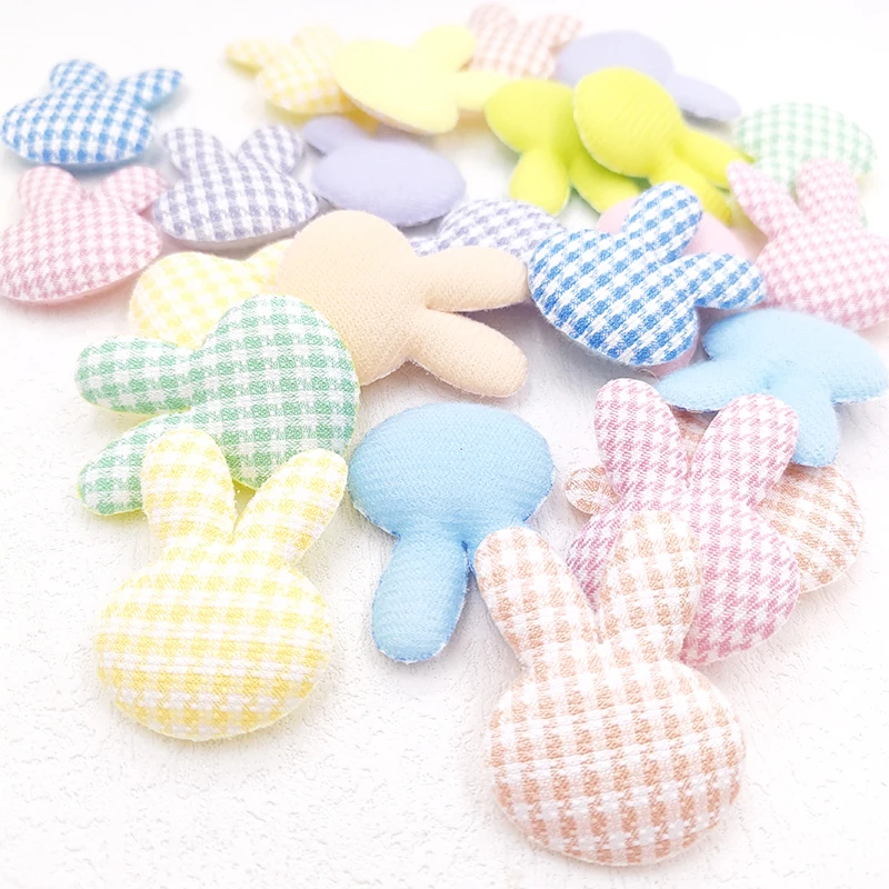 60Pcs/Lot 3.5*4.5CM Lattice Fabric Rabbit Padded Appliques For DIY Handmade Children Headwear Garment Accessories Patches