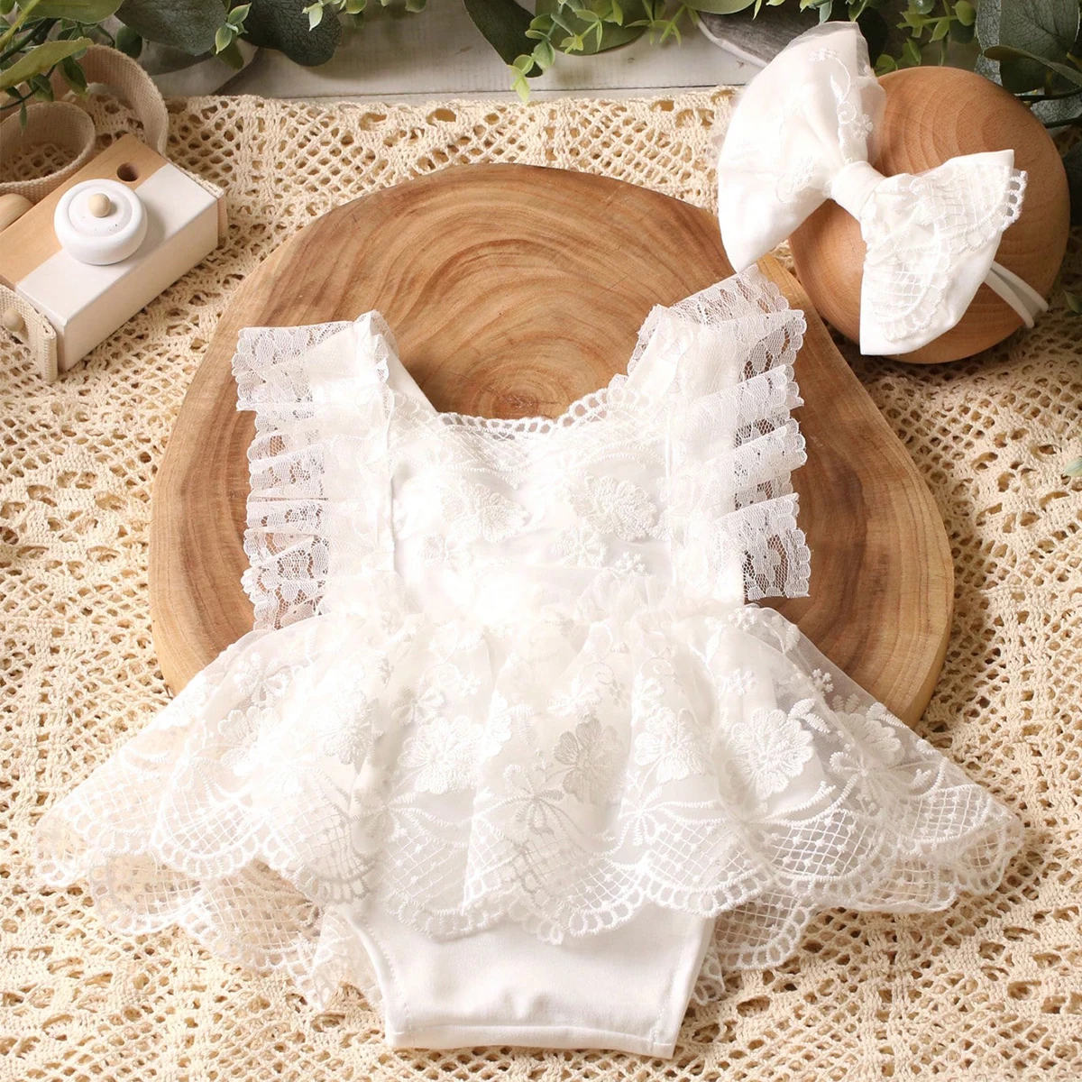 Ylsteed 2 Pieces Set Newborn White Lace Photography Outfits with Headband Baby Girl Back Bowknot Romper