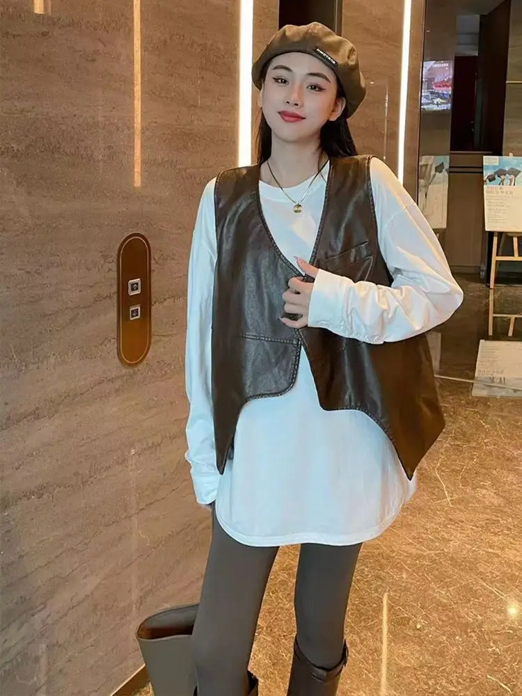 Leather Vest Waistcoat Women Sleeveless Faux Leather Jacket Streetwear Hip Hop Cardigan Y2k Vintage Irregular Tops Women Clothes