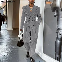 INCERUN Men Jumpsuits Solid Color Corduroy Lapel Long Sleeve Double Breasted Casual Rompers Men Streetwear 2024 Fashion Overalls